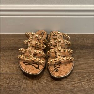 Sam Edelman Glenn Sandal Slide Studded Leather Gold Open Toe Slip On